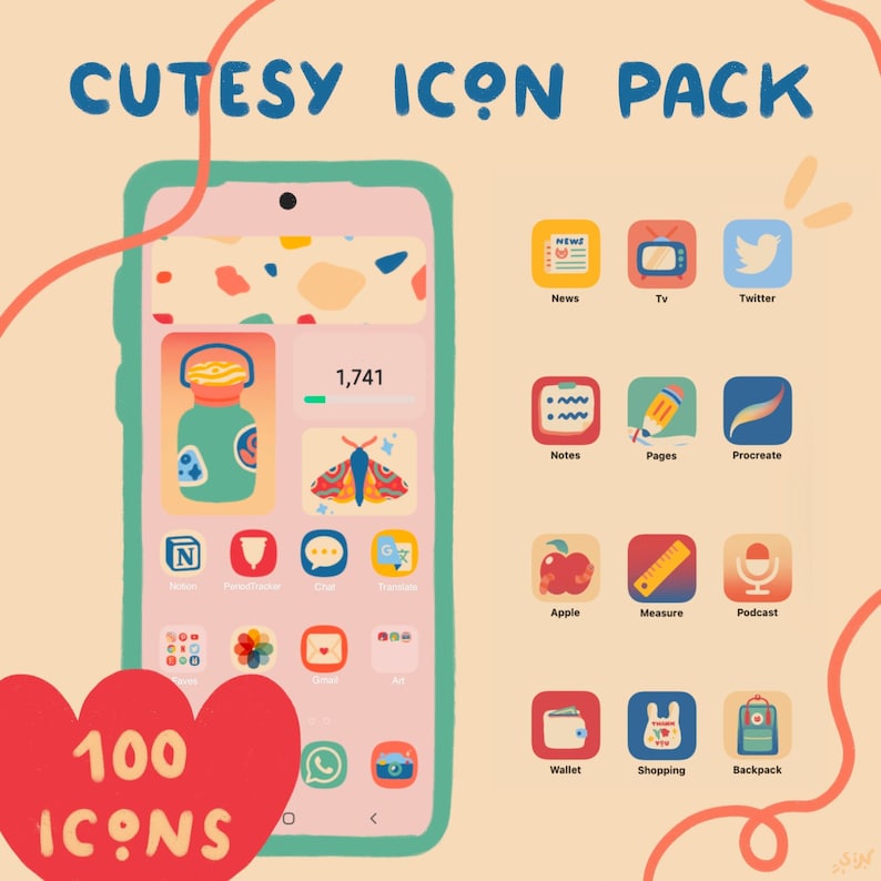 K&ouml;nnte beinhalten: Eine bunte Illustration eines Smartphone-Bildschirms mit verschiedenen App-Symbolen. Die Symbole sind in einem Raster angeordnet und umfassen Apps wie Notizen, Seiten, Procreate, Apple, Messen, Podcast, Wallet, Shopping und Rucksack. Der Telefonbildschirm ist von einem rosa und gr&uuml;nen Rand umgeben. Der Text "CUTESY ICON PACK" befindet sich oben im Bild. Der Text "100 ICONS" befindet sich unten im Bild.