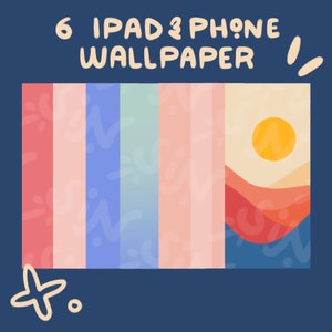 K&ouml;nnte beinhalten: Sechs bunte abstrakte Handy- und iPad-Hintergr&uuml;nde mit einer Sonnenuntergangsszene und einer Sonne oben rechts. Der Text "6 iPad & Phone Wallpaper" befindet sich oben im Bild.