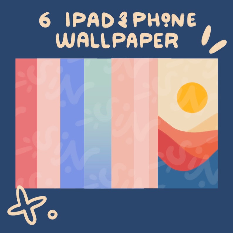 K&ouml;nnte beinhalten: Sechs bunte abstrakte Handy- und iPad-Hintergr&uuml;nde mit einer Sonnenuntergangsszene und einer Sonne oben rechts. Der Text "6 iPad & Phone Wallpaper" befindet sich oben im Bild.
