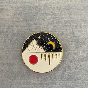 Explorer adventurer mountain range scenery sunset moon night day lapel pin birthday present gift sightseeing sightseer view stocking filler