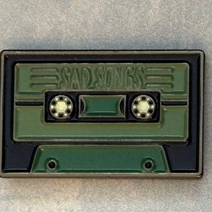 80s 90s child vintage throw back retro lapel pin enamel badge green blue ‘sad songs’ mix tape cassette backing card present gift memory