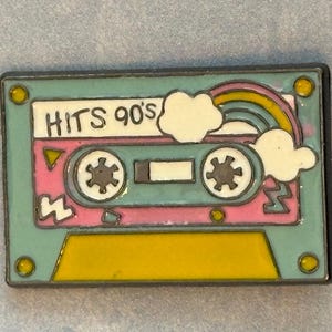 80s 90s child vintage retro lapel pin enamel badge multicoloured pastel mix tape cassette ‘hits 90s’ music stocking filler present memory