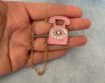 Pink Rotary Landline Telephone Enamel Pin: Vintage Style Lapel Badge