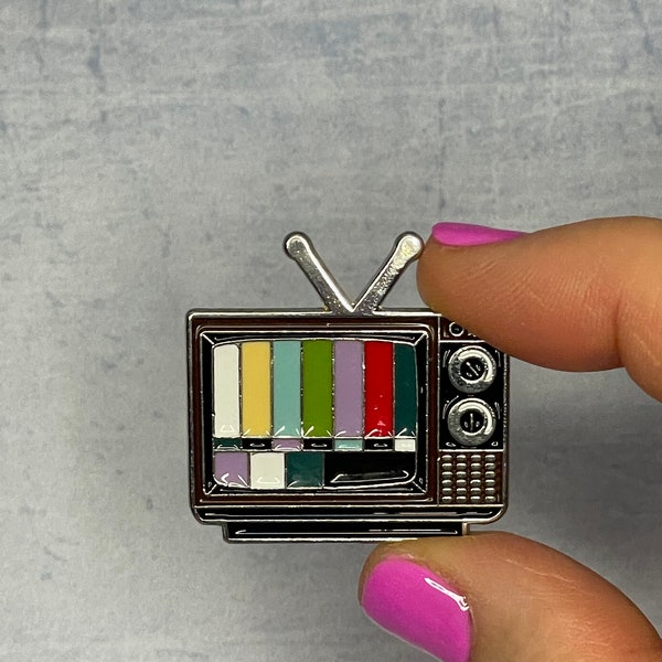 80s 90s child vintage throw back retro lapel pin enamel badge television set tv test card pattern stocking filler present gift 40th birthday