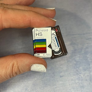 80s 90s child vintage throw back retro lapel pin badge VHS video tape recorded Polaroid movie classic film present gift childhood memories
