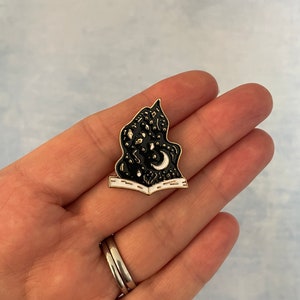 Witch’s spell book spooky lapel pin enamel badge witchcraft birthday present witchy wizard craft Halloween white witch magic moons stars