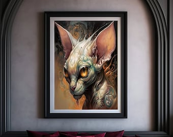 Vintage Sphynx kattaffischtryck | Klassisk hårlös kattkonst | Mörk konst | Gotisk heminredning | Väggkonst | Illustration av helig katt