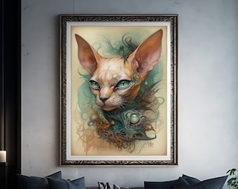 Vintage Sphynx kattaffischtryck | Klassisk hårlös kattkonst | Mörk konst | Gotisk heminredning | Häxaväggkonst | Kattillustration