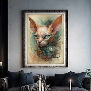 Vintage Sphynx Katze Poster Druck | Klassische haarlose Katzen Kunst| Dunkle Kunst | Gothic Wohnkultur | Hexe Wandkunst | Katzen Illustration