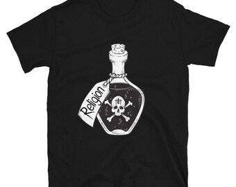 Religie is Poison Adult Unisex Grafisch T-Shirt, Poison Bottle Tee