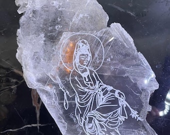 Engraved Kuan Yin Selenite Slab – True Satin Spar Crystal Plate for Altars & Healing Work