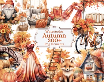 Watercolor Autumn Clipart, 300+ PNG Images (Digital Download)
