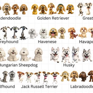 Op de afbeelding: Een kleurrijke illustratie van 10 verschillende hondenrassen, waaronder een Golden Retriever, een Duitse Dog, een Greyhound, een Havanezer, een Havapoo, een Hongaarse Herder, een Husky, een Ierse Wolfshond, een Jack Russell Terrier en een Labradoodle.