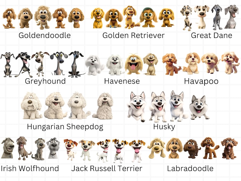 Op de afbeelding: Een kleurrijke illustratie van 10 verschillende hondenrassen, waaronder een Golden Retriever, een Duitse Dog, een Greyhound, een Havanezer, een Havapoo, een Hongaarse Herder, een Husky, een Ierse Wolfshond, een Jack Russell Terrier en een Labradoodle.