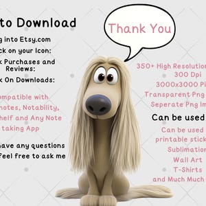 Op de afbeelding: Illustratie van een cartoonhond met een spraakballon die "Bedankt" zegt. De spraakballon bevat informatie over het digitale product, waaronder het aantal afbeeldingen, de resolutie, het bestandstype en de toepassingen. De tekst onder de afbeelding geeft instructies over het downloaden van het digitale product van Etsy.