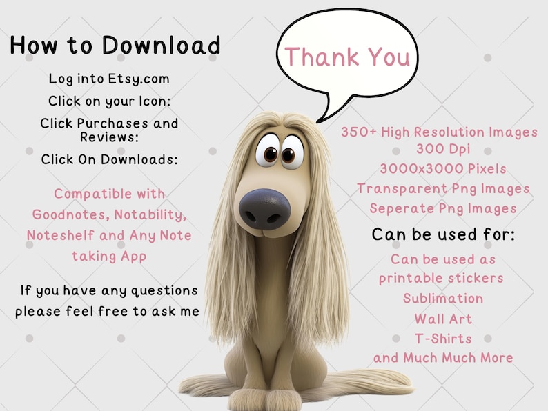 Op de afbeelding: Illustratie van een cartoonhond met een spraakballon die "Bedankt" zegt. De spraakballon bevat informatie over het digitale product, waaronder het aantal afbeeldingen, de resolutie, het bestandstype en de toepassingen. De tekst onder de afbeelding geeft instructies over het downloaden van het digitale product van Etsy.