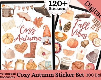 Può includere: Set di adesivi digitali con oltre 120 illustrazioni a tema autunnale. Il set include immagini di zucche, foglie, tazze di caffè, gnomi e molto altro. Gli adesivi sono pre-tagliati per Goodnotes e sono a 300 DPI.