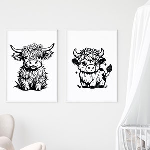 May include: Two black and white illustrations of Highland cows with flower crowns. The cow on the left is sitting down and the cow on the right is standing up.