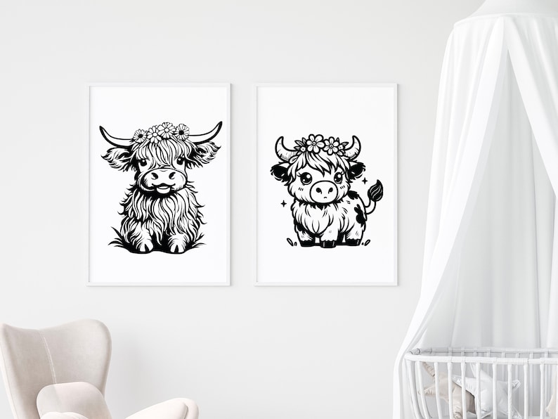May include: Two black and white illustrations of Highland cows with flower crowns. The cow on the left is sitting down and the cow on the right is standing up.