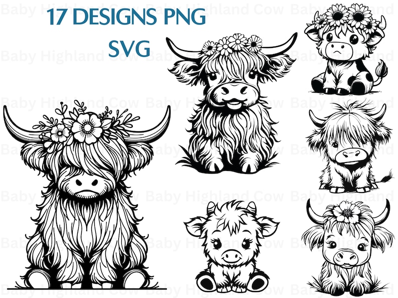May include: A set of 17 black and white digital illustrations of Highland cows. The cows are depicted in a cartoon style with fluffy fur and flowers on their heads. The illustrations are perfect for use in crafting projects, scrapbooking, or digital design.