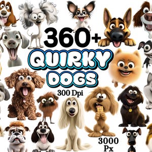 Paquete de imágenes prediseñadas de perros divertidos, imágenes prediseñadas de perros extravagantes, perros de acuarela lindos y tontos PNG, gráficos extravagantes de cachorros, animales extravagantes, descarga digital