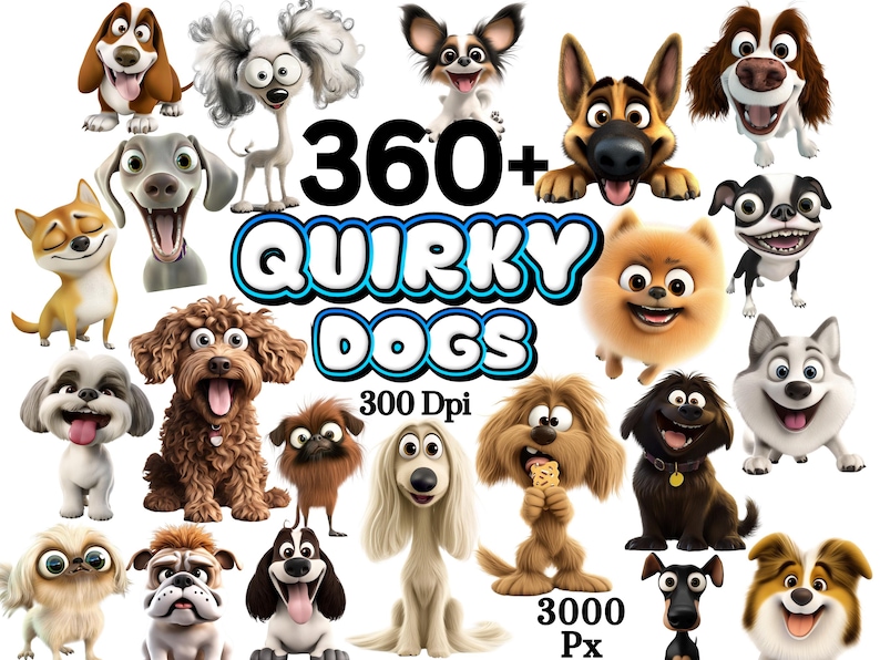 Op de afbeelding: Een verzameling van meer dan 360 eigenzinnige cartoonhonden in verschillende poses en uitdrukkingen. De honden zijn allemaal van verschillende rassen en kleuren, en ze lachen allemaal of zien er gelukkig uit. De afbeelding bevat de tekst "360+ Quirky Dogs 300 Dpi 3000 Px".