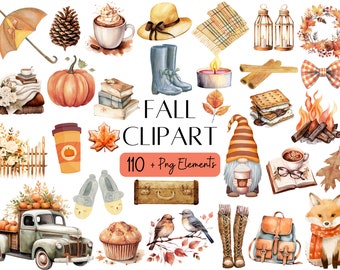 May include: A collection of 110+ fall themed watercolor clipart elements. The clipart includes images of pumpkins, leaves, gnomes, coffee cups, a truck, a campfire, a fox, a lantern, a book, a suitcase, a wreath, a bow, a mug of hot chocolate, a s'more, a pine cone, a pair of boots, a pair of slippers, a muffin, a bird, and more.