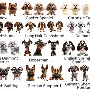 Op de afbeelding: Een kleurrijke illustratie van 10 verschillende hondenrassen, waaronder Chow Chow, Cocker Spaniel, Coton de Tulear, Dackel, Langhaar Dackel, Dalmati&euml;r, Dandie Dinmont Terrier, Dobermann, Engelse Springer Spaniel, Franse Bulldog, Duitse Herder en Duitse Korthaar.
