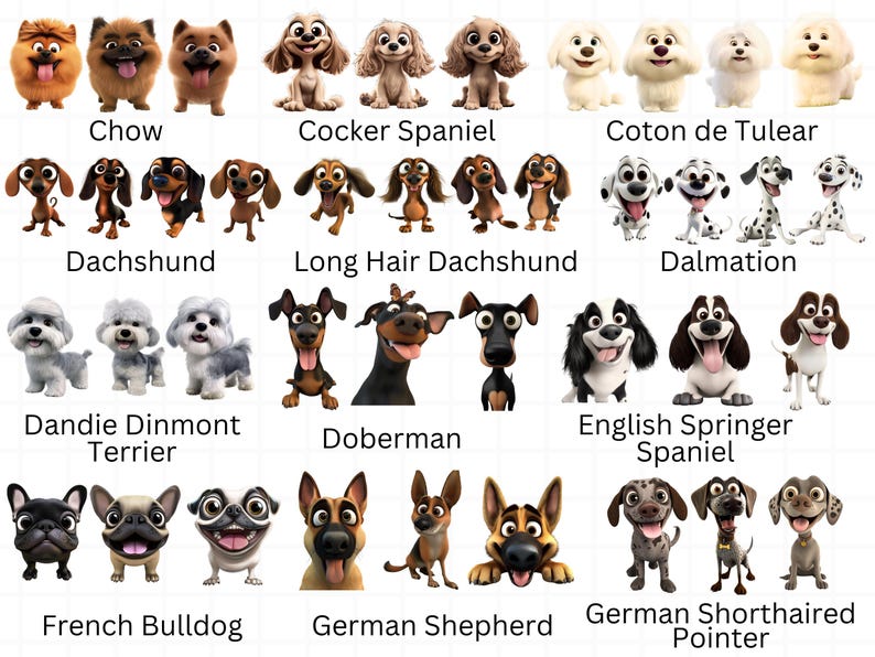 Op de afbeelding: Een kleurrijke illustratie van 10 verschillende hondenrassen, waaronder Chow Chow, Cocker Spaniel, Coton de Tulear, Dackel, Langhaar Dackel, Dalmati&euml;r, Dandie Dinmont Terrier, Dobermann, Engelse Springer Spaniel, Franse Bulldog, Duitse Herder en Duitse Korthaar.