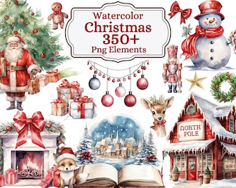 Watercolor Christmas Clipart Bundle, Holiday PNG Images (Digital Download)