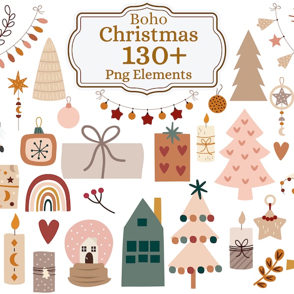 Boho Christmas Clipart,Boho Christmas,Boho Holiday Clipart,Boho Christmas Png,Boho Christmas Bundle,Boho Holiday Images,Boho Christmas Png