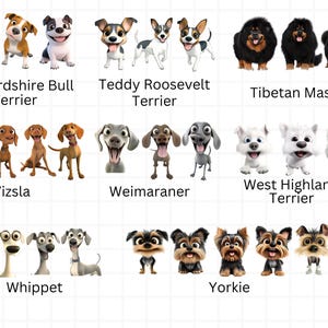 Op de afbeelding: Een kleurrijke illustratie van tien verschillende hondenrassen, waaronder de Staffordshire Bull Terrier, de Teddy Roosevelt Terrier, de Tibetaanse Mastiff, de Vizsla, de Weimaraner, de West Highland Terrier, de Whippet en de Yorkshire Terrier.