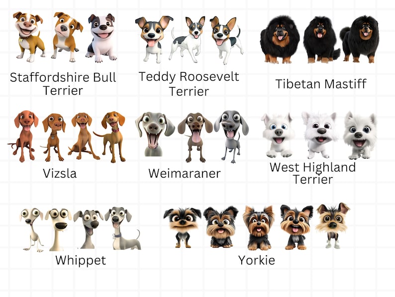 Op de afbeelding: Een kleurrijke illustratie van tien verschillende hondenrassen, waaronder de Staffordshire Bull Terrier, de Teddy Roosevelt Terrier, de Tibetaanse Mastiff, de Vizsla, de Weimaraner, de West Highland Terrier, de Whippet en de Yorkshire Terrier.
