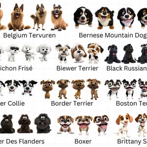 Op de afbeelding: Een kleurrijke illustratie van 10 verschillende hondenrassen, elk met een cartoonachtig uiterlijk. De rassen zijn: Belgische herder (Tervuren), Berner Sennenhond, Bichon Fris&eacute;, Biewer Terrier, Zwarte Russische Terrier, Border Collie, Border Terrier, Boston Terrier, Bouvier des Flandres, Boxer en Brittany Spaniel.