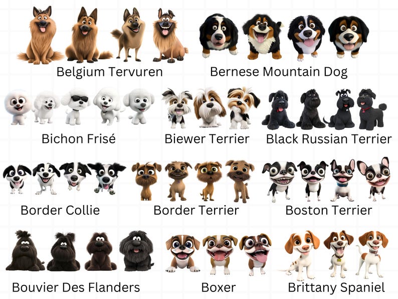 Op de afbeelding: Een kleurrijke illustratie van 10 verschillende hondenrassen, elk met een cartoonachtig uiterlijk. De rassen zijn: Belgische herder (Tervuren), Berner Sennenhond, Bichon Fris&eacute;, Biewer Terrier, Zwarte Russische Terrier, Border Collie, Border Terrier, Boston Terrier, Bouvier des Flandres, Boxer en Brittany Spaniel.