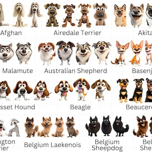 Op de afbeelding: Een kleurrijke illustratie van 15 verschillende hondenrassen, elk met een cartoonachtig uiterlijk. De honden zijn gerangschikt in rijen van drie, met hun namen onder elke rij.
