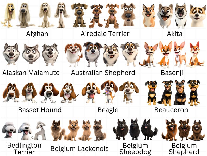 Op de afbeelding: Een kleurrijke illustratie van 15 verschillende hondenrassen, elk met een cartoonachtig uiterlijk. De honden zijn gerangschikt in rijen van drie, met hun namen onder elke rij.