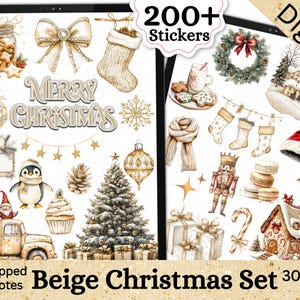 May include: Beige Christmas digital sticker set with over 200 stickers. The stickers feature a variety of Christmas themes, including a penguin, a Christmas tree, a gingerbread house, and a nutcracker. The stickers are perfect for adding a touch of festive cheer to your planner, journal, or scrapbook.