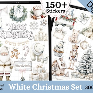 Op de afbeelding: Een digitale stickerset met meer dan 150 illustraties met een wit kerstthema. De set bevat een verscheidenheid aan afbeeldingen, zoals een sneeuwpop, een peperkoekman, een ijsbeer, een notenkraker, een kerstboom en een huis. De stickers zijn perfect om een feestelijke touch toe te voegen aan planners, dagboeken en andere papieren knutselwerkjes.