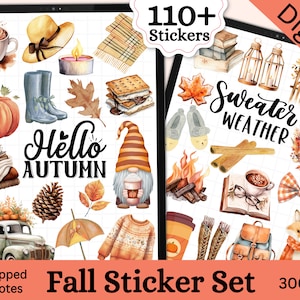 May include: A digital sticker set with over 110 fall-themed illustrations. The stickers feature gnomes, pumpkins, leaves, sweaters, and more. The text "Hello Autumn" and "Sweater Weather" are included in the set. The stickers are pre-cropped for Goodnotes and are 300 DPI.
