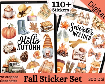 Può includere: Un set di adesivi digitali con oltre 110 illustrazioni a tema autunnale. Gli adesivi includono gnomi, zucche, foglie, maglioni e molto altro. Il testo "Hello Autumn" e "Sweater Weather" sono inclusi nel set. Gli adesivi sono pretagliati per Goodnotes e sono a 300 DPI.
