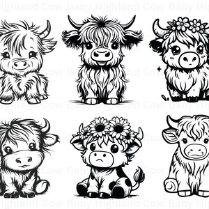 May include: Six black and white illustrations of baby Highland cows. Each cow has a different expression and pose. Some cows are wearing flowers.