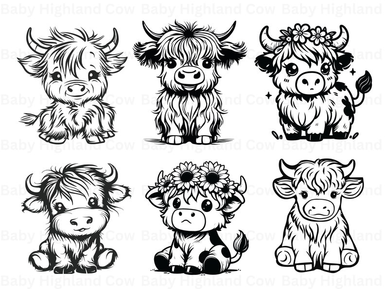 May include: Six black and white illustrations of baby Highland cows. Each cow has a different expression and pose. Some cows are wearing flowers.
