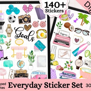 May include: A digital sticker set with over 140 pre-cropped stickers for Goodnotes. The stickers feature a variety of colorful illustrations, including a typewriter, a globe, a coffee cup, a calculator, and a pineapple. The text "Goals" is featured in a large, bold font.
