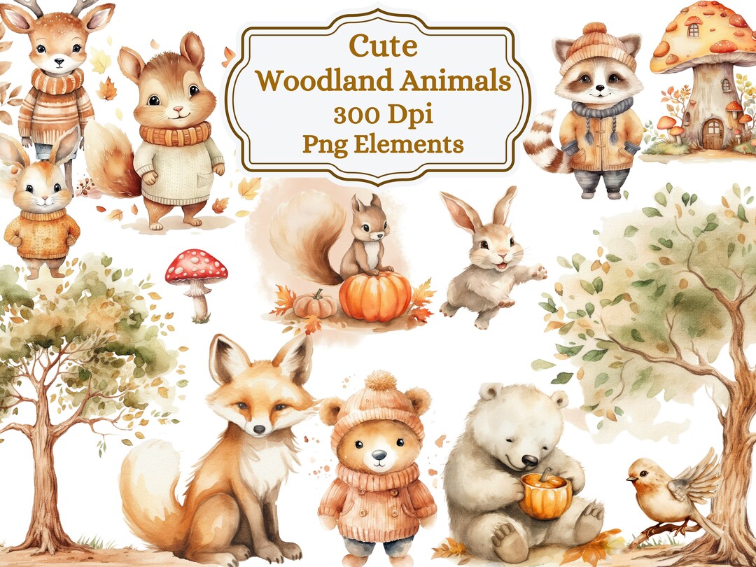 Watercolor Woodland Animal Clipart, Fall Nursery Decor (PNG Files) - Etsy