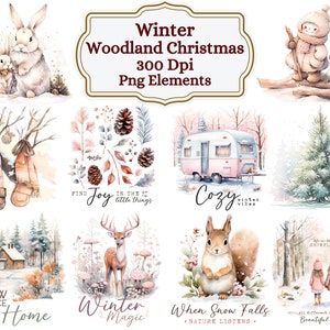 Winter Woodland Watercolor Christmas Quotes Clipart,Winter Woodland Animals Clipart,Woodland Winter Forest Animals Clipart, Winter Quotes