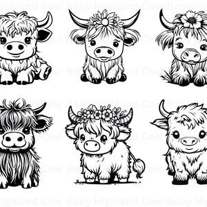 May include: Six black and white illustrations of Highland cows with flowers in their hair. The cows are all facing forward and have a friendly expression.