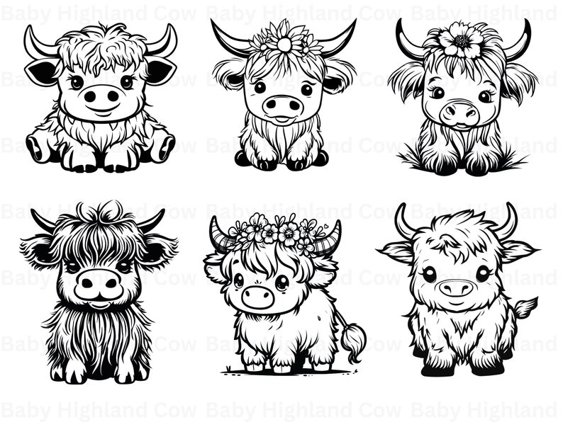 May include: Six black and white illustrations of Highland cows with flowers in their hair. The cows are all facing forward and have a friendly expression.