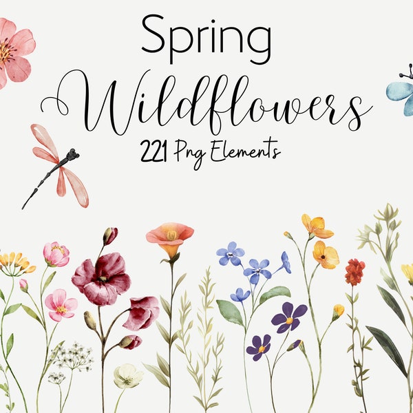 Wildflowers Watercolor Clipart, Floral PNG Set (Digital Download)