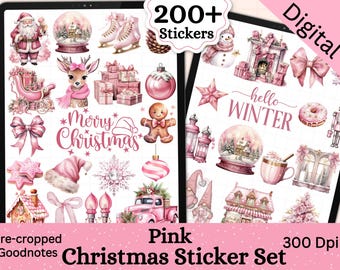 Goodnotes-stickers roze kerst, stickers winterplanner (digitaal)